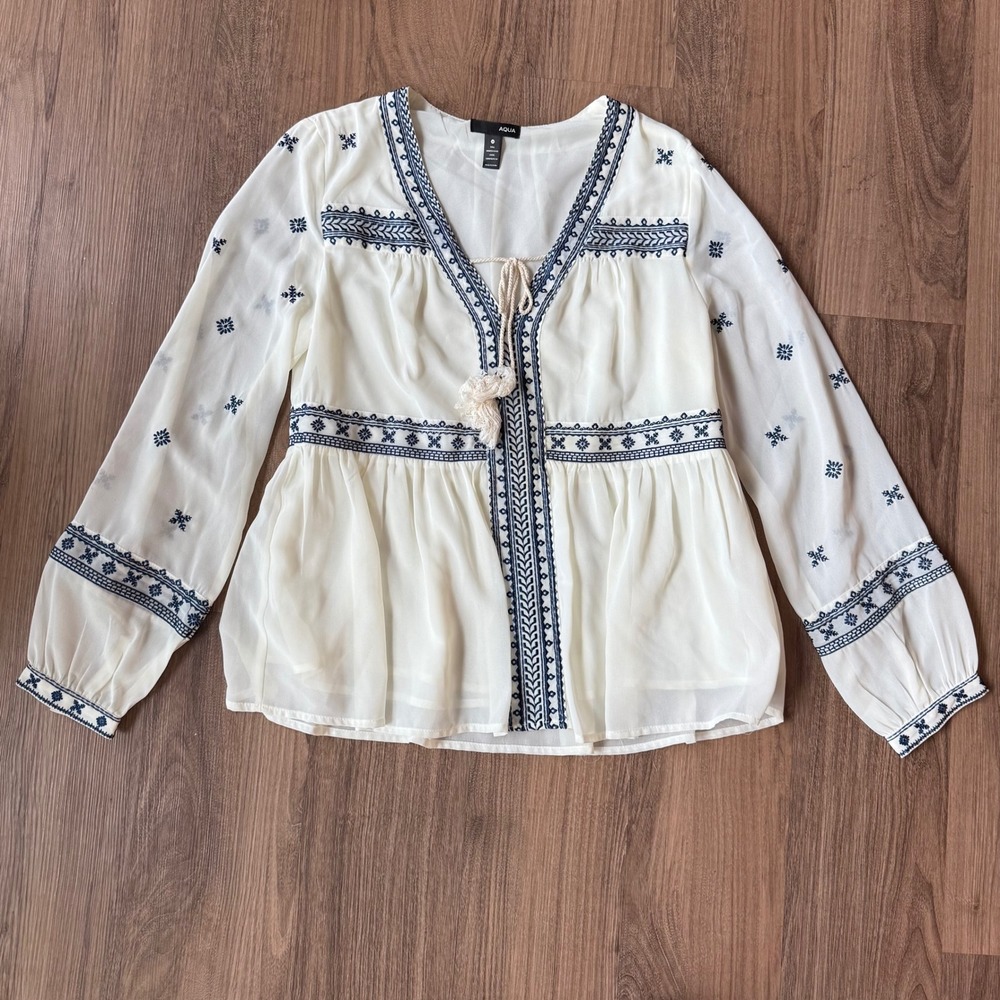 Aqua Womens Ivory Navy Blue Embroidered Tassel Peplum Blouse Top Size Medium